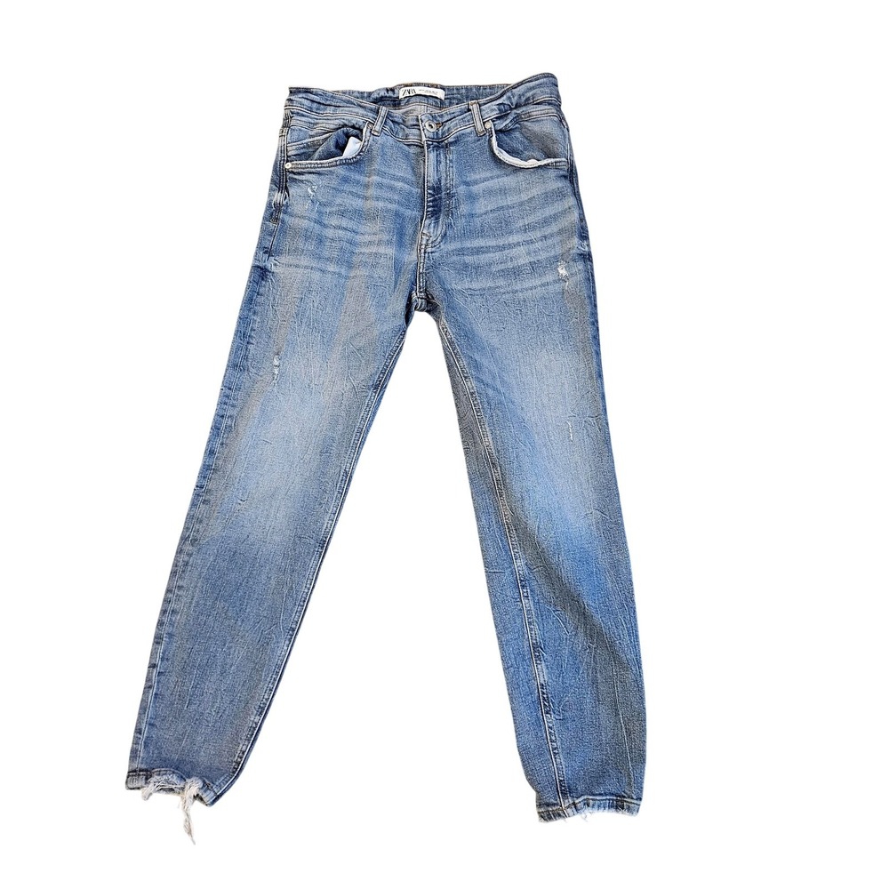 Zara Jeans Mens 34x30 Blue Light Wash Slim Tapered Distressed Denim Frayed Hem